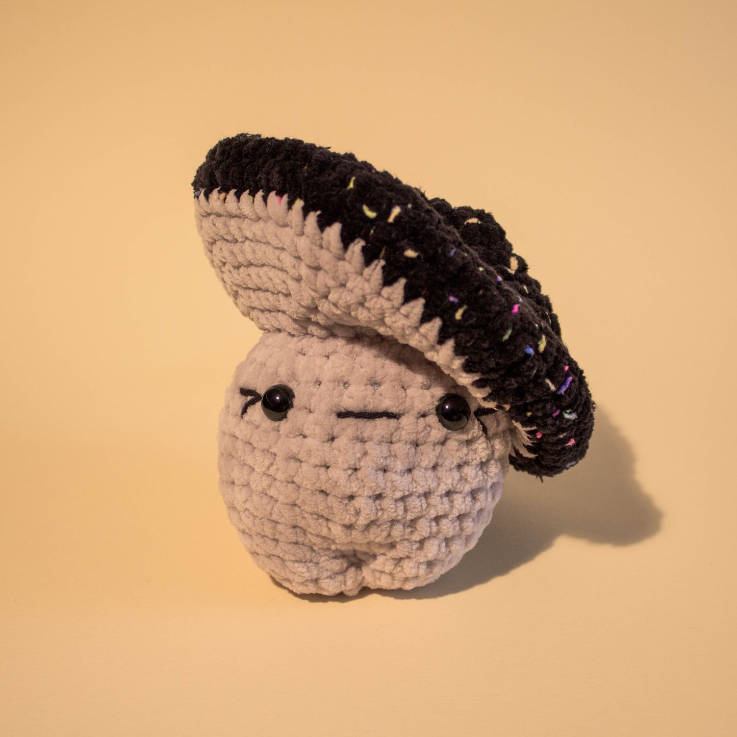 Funky Fungi Light Grey Mushroom Crochet Plushie - Multicoloured Black Cap
